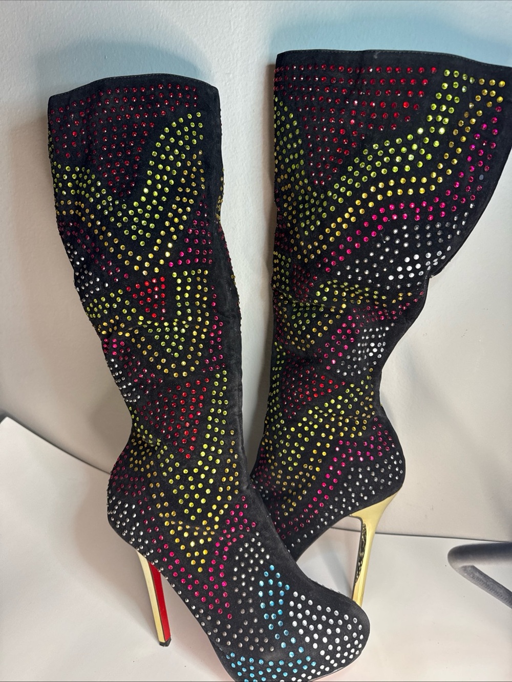Black Multicolor Crystal Knee-High Stiletto Boots